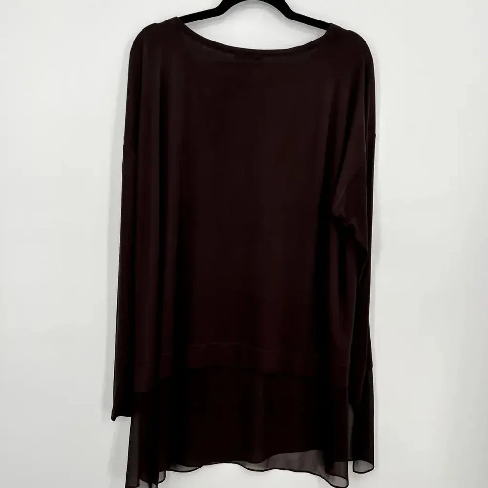 Eileen Fisher 100% Silk Sheer Hem Bateau Neck Tunic Top Brown XL - Picture 7 of 9